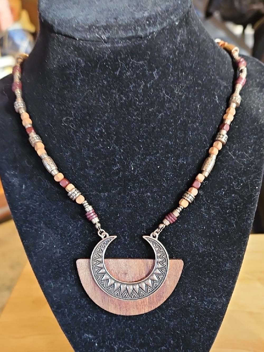 Boho Crescent Wood & Metal Pendant Necklace